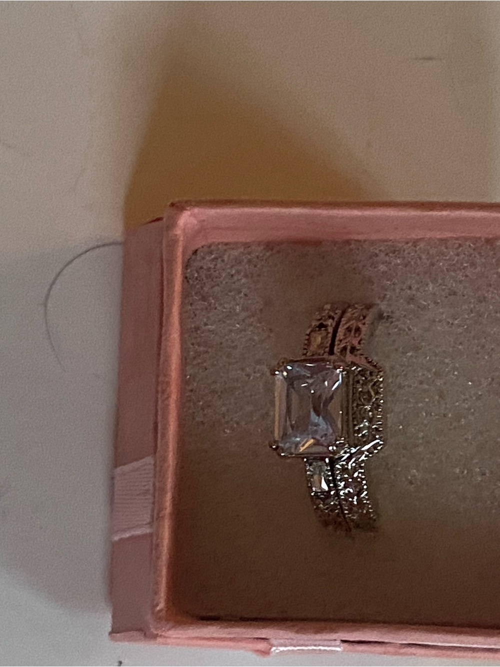 Clear Emerald-Cut Stone Filigree Silver Ring and Band. In its own box. Size 9